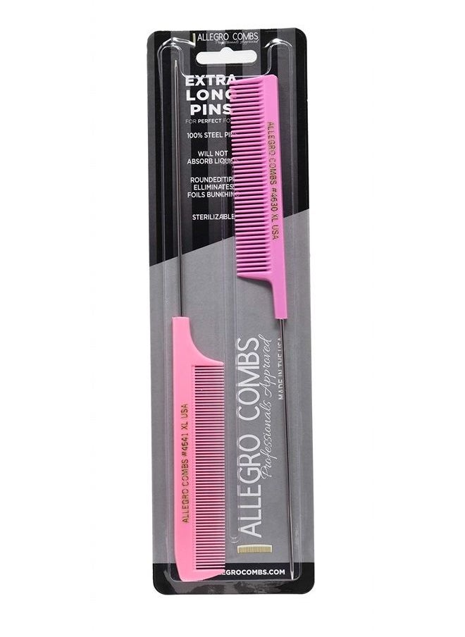 Allegro Combs XL Pintail Rat Tail Combs Parting Combs Metal Tail Foiling Combs Pin Combs 2 Pc. (PINK)  - Image 1