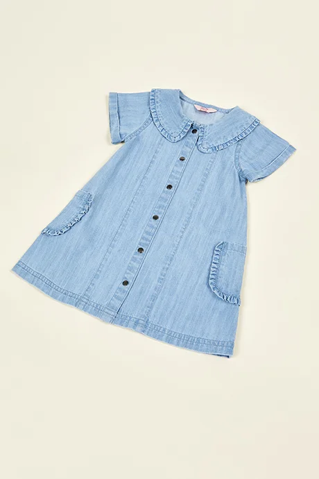 أر أند بي Washed Denim A-Line Dress with Round Neck and Short Sleeves