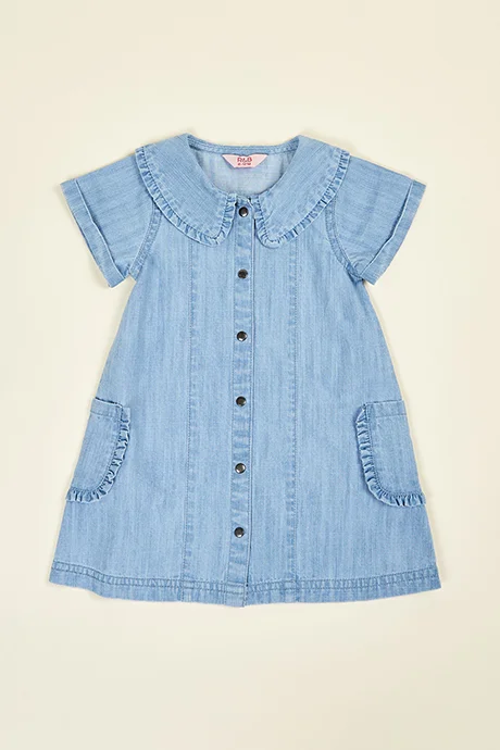أر أند بي Washed Denim A-Line Dress with Round Neck and Short Sleeves