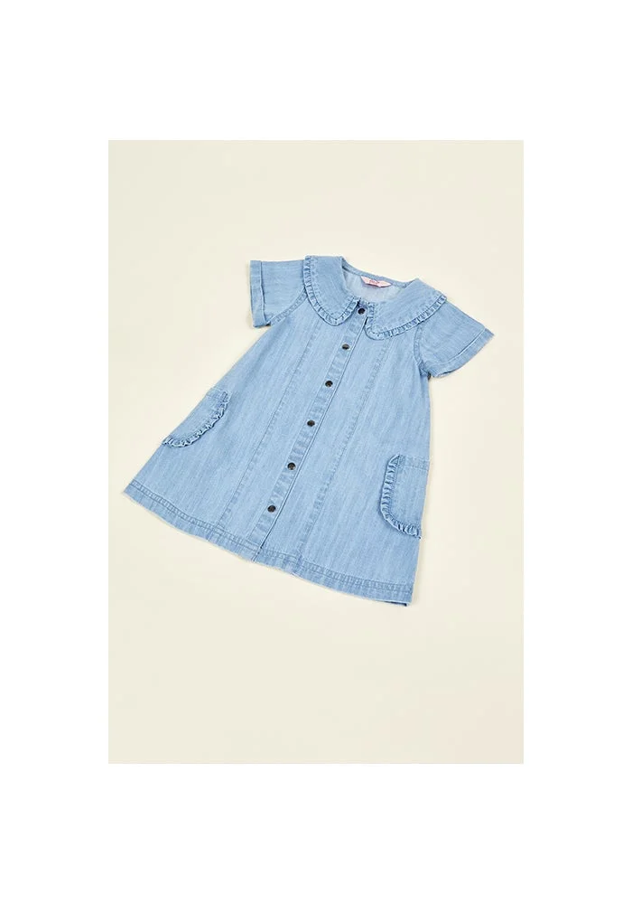 أر أند بي Washed Denim A-Line Dress with Round Neck and Short Sleeves