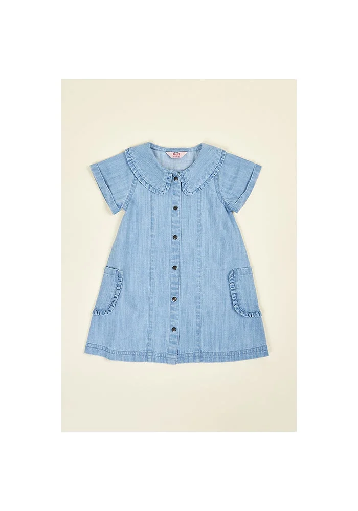أر أند بي Washed Denim A-Line Dress with Round Neck and Short Sleeves
