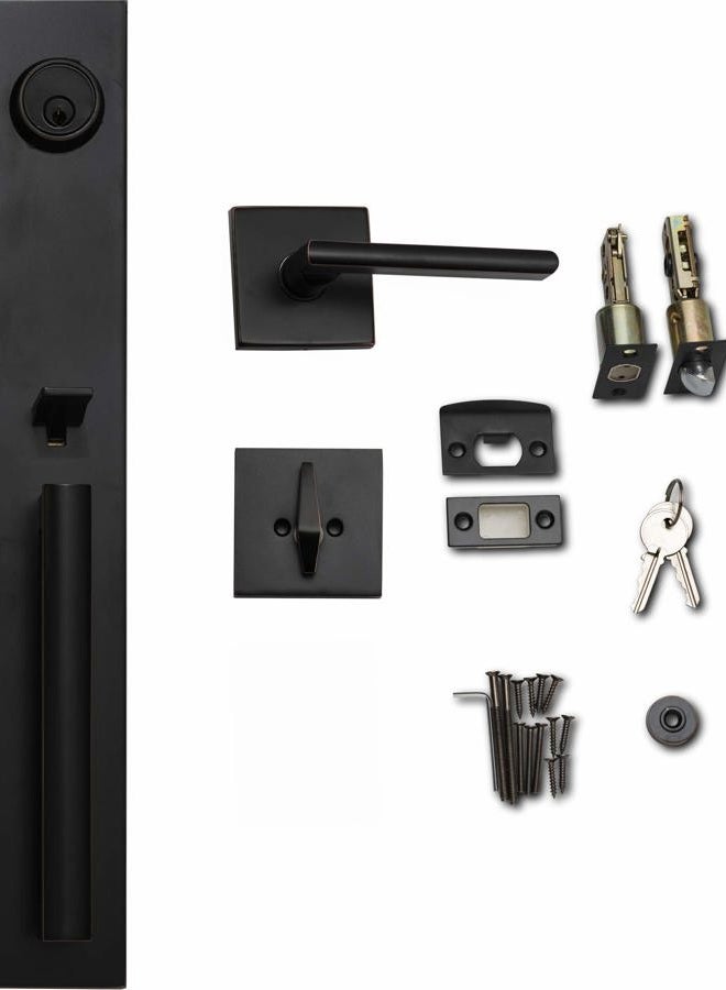Berlin Modisch Full Escutcheon HandleSet Front Door Entry Handle and Deadbolt Lock Set Slim Square Single Cylinder Deadbolt and Lever Heavy Duty – Oil Rubbed Bronze Finish - Image 4
