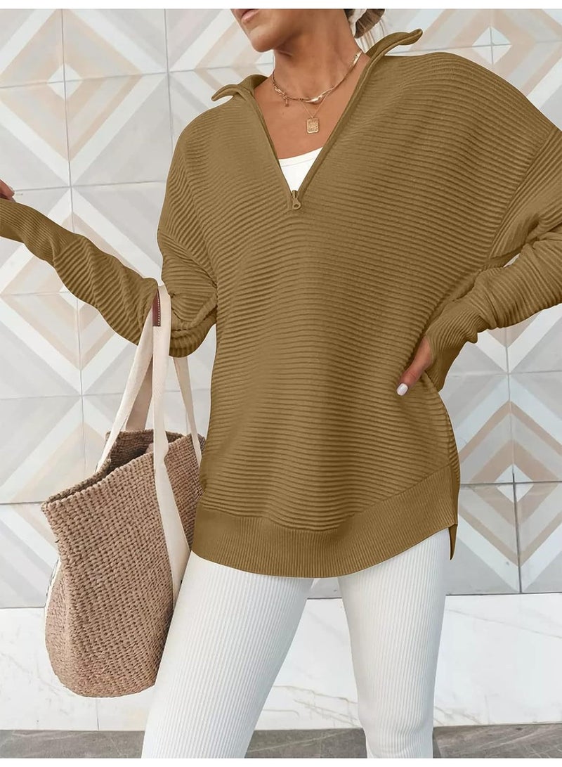 NIBEMINENT Women's Long-sleeved Half-zipper V-neck Casual Ribbed Knitted Sweater Women's Jumper - Image 3