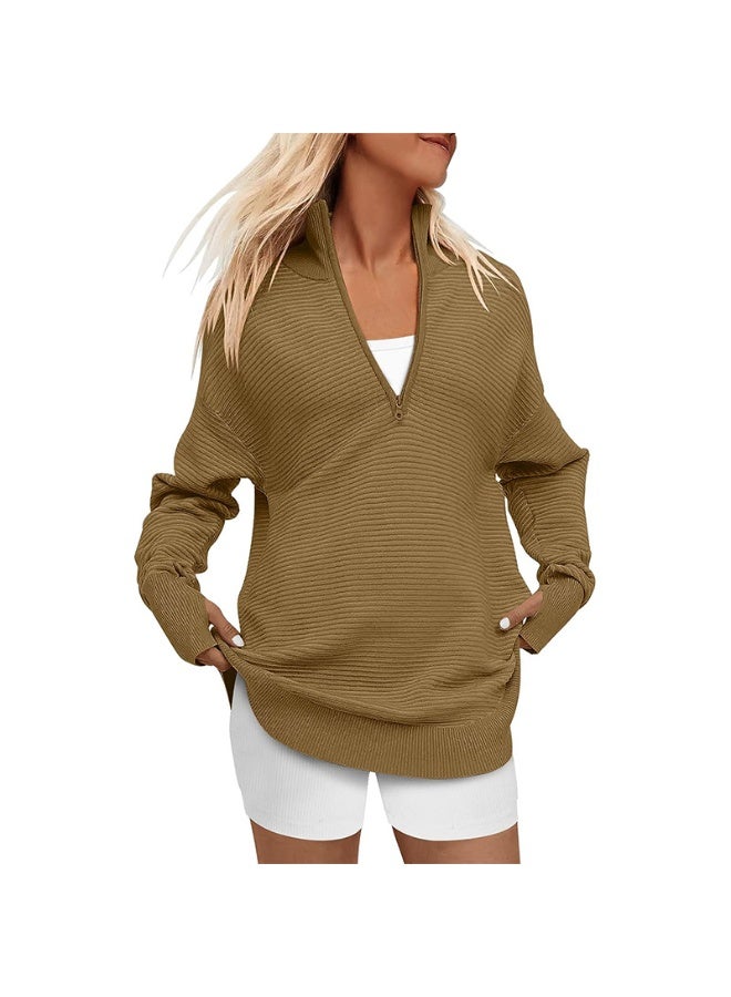 NIBEMINENT Women's Long-sleeved Half-zipper V-neck Casual Ribbed Knitted Sweater Women's Jumper - Image 1