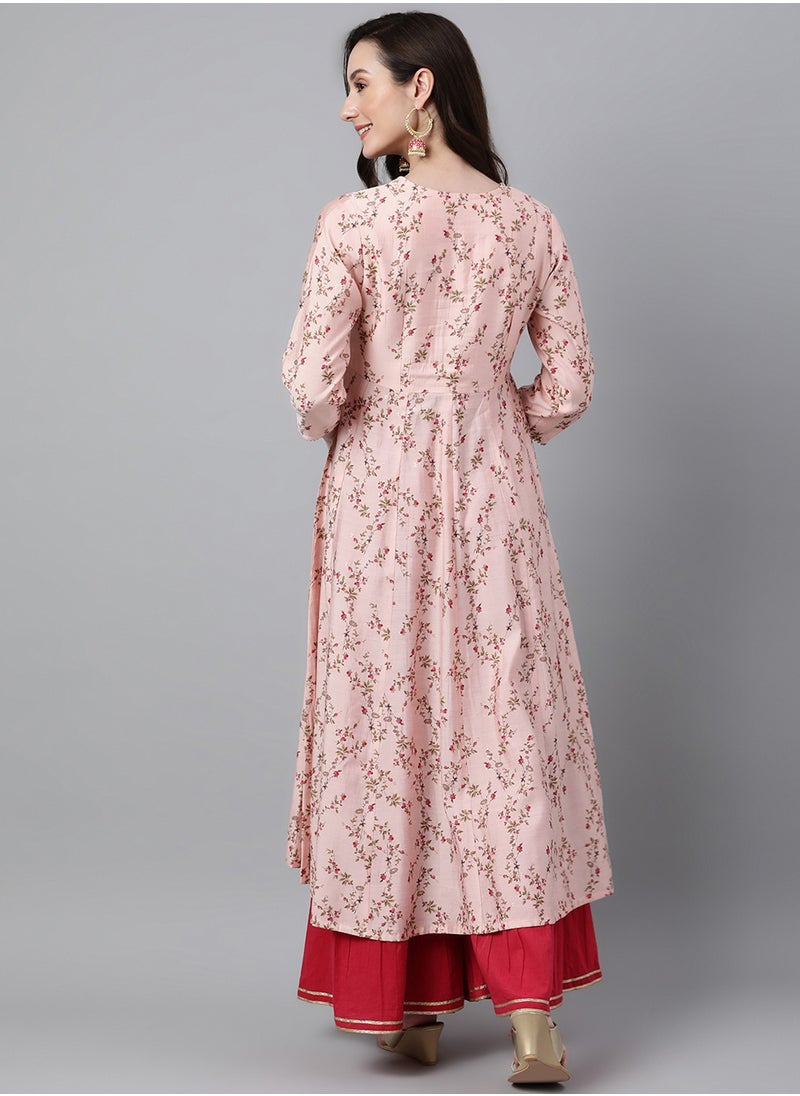 IndHeritage - IndHeritage -  Eid kurti collection - Premium cotton kurti - Onam kurti collections - Peach colour women's kurti/kurta with red & brown blue floral prints - Indian Kurti IDH00090 - Image 1