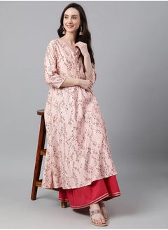 IndHeritage -  Eid kurti collection - Premium cotton kurti - Onam kurti collections - Peach colour women's kurti/kurta with red & brown blue floral prints - Indian Kurti IDH00090