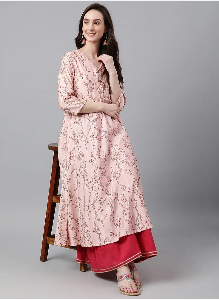 IndHeritage - IndHeritage -  Eid kurti collection - Premium cotton kurti - Onam kurti collections - Peach colour women's kurti/kurta with red & brown blue floral prints - Indian Kurti IDH00090 - Image 1
