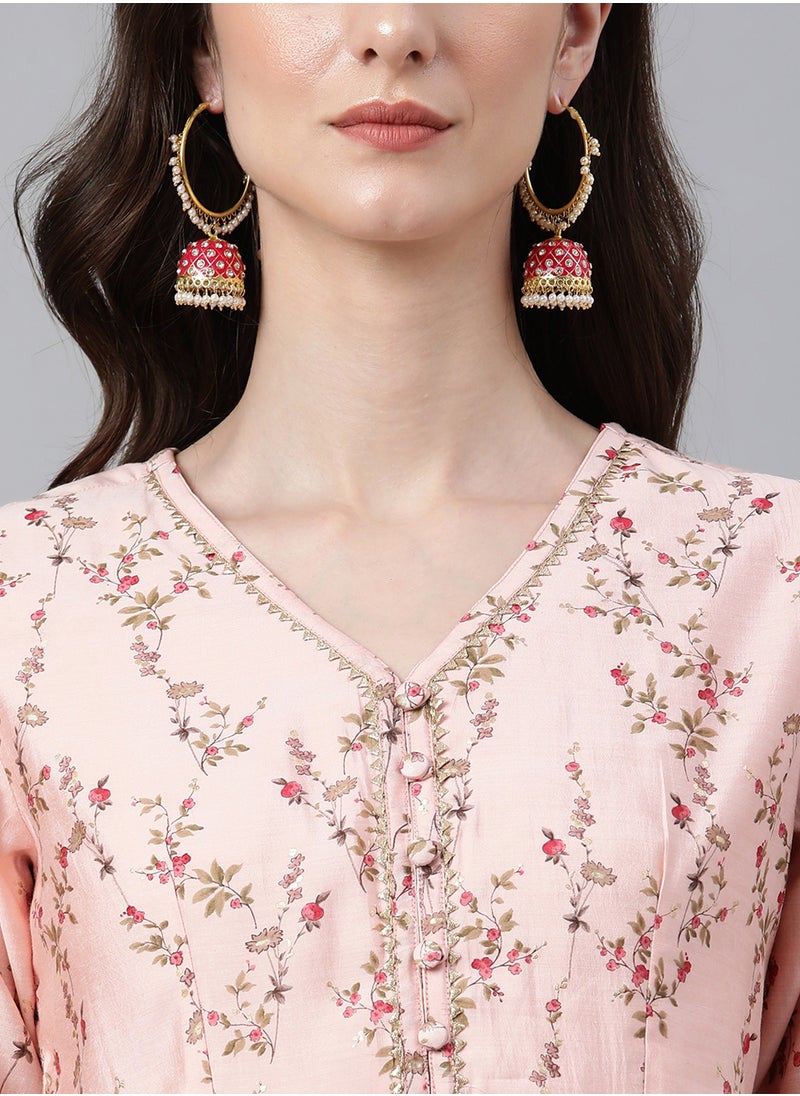 IndHeritage - IndHeritage -  Eid kurti collection - Premium cotton kurti - Onam kurti collections - Peach colour women's kurti/kurta with red & brown blue floral prints - Indian Kurti IDH00090 - Image 1