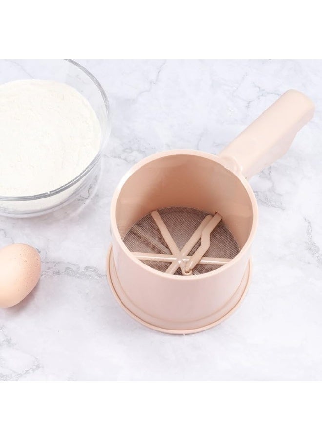 Double Mesh Handheld Flour Sifter – One-Hand Press Sieve for Baking Cakes, Cookies, and Desserts-Beige - Image 2