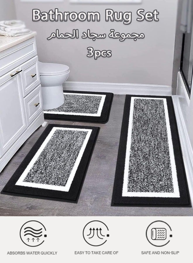مجموعة سجاد حمام، سجادات حمام فائقة النعومة والامتصاص، سجادة غير قابلة للانزلاق وقابلة للغسل للأرضيات، سجادة حمام ناعمة مخملية، قابلة للغسل والتجفيف في الغسالة، سجادات حمام للحمام والحوض والدش، لون أسود - Image 1