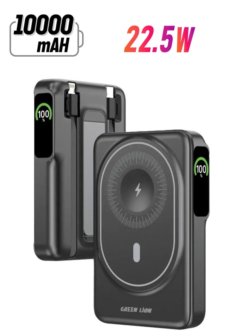 جرين ليون بنك الطاقة Mag-Vision بقدرة 10000 مللي أمبير في الساعة مع حامل تثبيت، وكابلين مدمجين، ومنفذ USB-C، ودعم الشحن السريع، وتوصيل طاقة 22.5 وات، وشحن لاسلكي 15 وات - أسود - Image 1