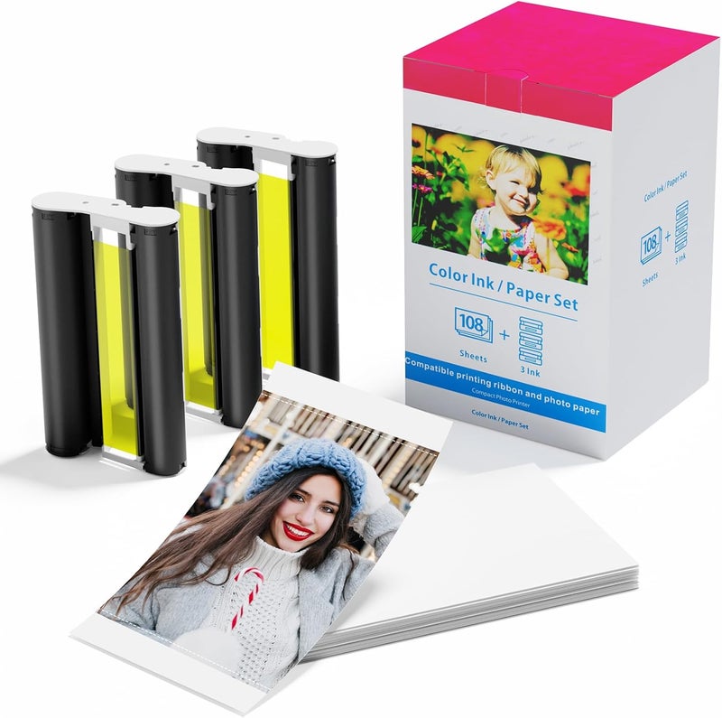 Labelife Compatible with Canon Selphy CP1300 Ink and Paper for Selphy Printer CP1500 CP1300 CP1200 CP1000 CP910 CP810 CP790, Photo Paper 6 x 4 inch KP-108IN 108 Sheets and 3 Colour Ink Cassette - Image 1