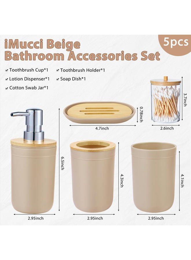 iMucci Bathroom Accessories Set 5Piece Beige Bathroom Sets, Toothbrush Holder, Toothbrush Cup, Lotion Soap Dispenser, Soap Dish and Qtip Holder Bathroom Decor - Image 5