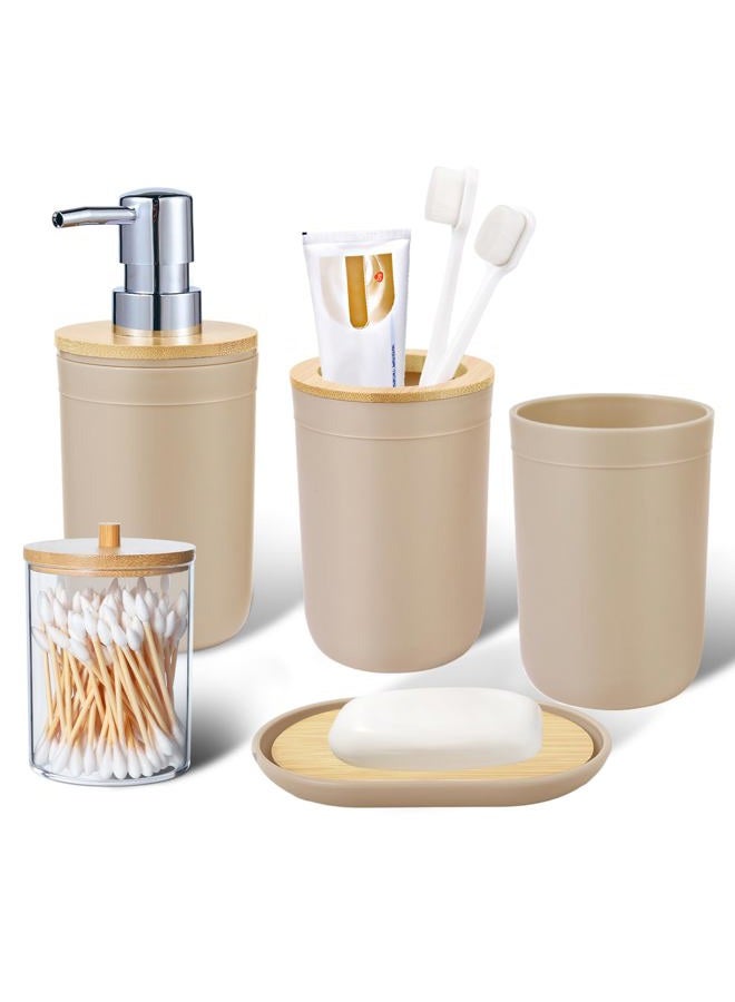 iMucci Bathroom Accessories Set 5Piece Beige Bathroom Sets, Toothbrush Holder, Toothbrush Cup, Lotion Soap Dispenser, Soap Dish and Qtip Holder Bathroom Decor - Image 1