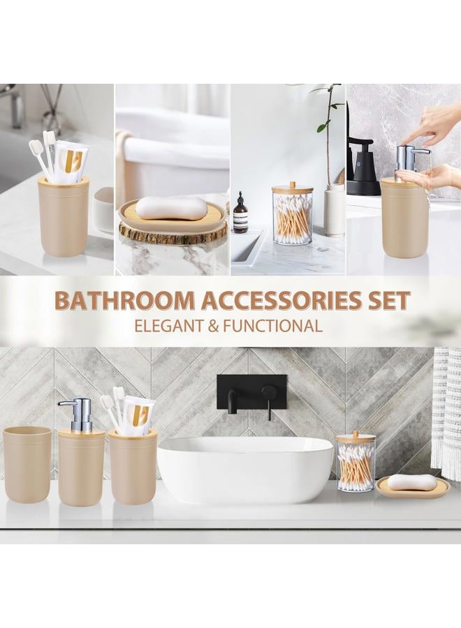 iMucci Bathroom Accessories Set 5Piece Beige Bathroom Sets, Toothbrush Holder, Toothbrush Cup, Lotion Soap Dispenser, Soap Dish and Qtip Holder Bathroom Decor - Image 3