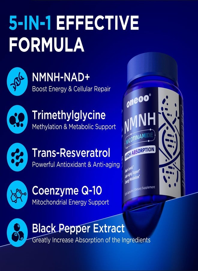 Oneoo NMNH Supplement with NAD Supplement Maximum Potency with Resveratrol & Pterostilbene, CoQ10 & Black Pepper, for Cellular Energy, Anti-Aging Support, Sirtuin Activation & Methylation Support, 120 - Image 3