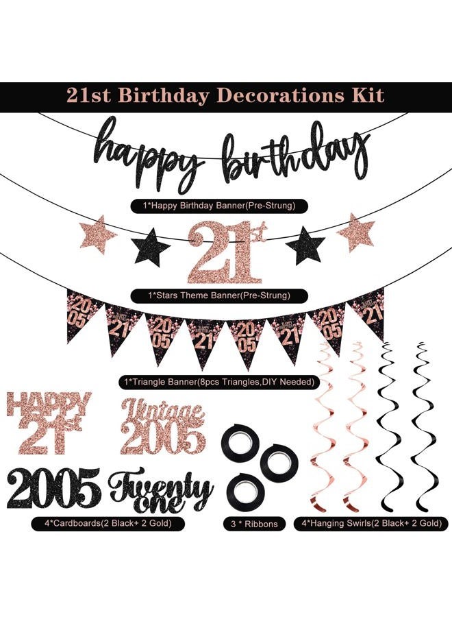 Guiruiy 12PCS 21st Birthday Decorations for Girls Women, Rose Gold Vintage 2004 Happy 21st Birthday Banner Triangle Flag Banner Glitter Hanging Swirls Party Supplies, Cheers to 21 Years Old Bday Decor - Image 3