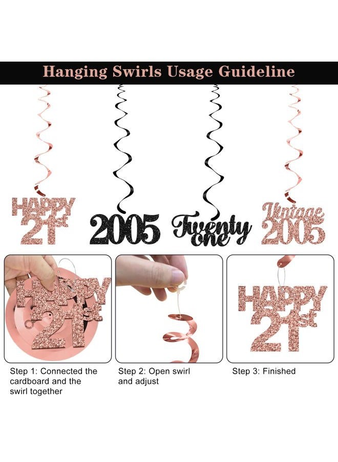 Guiruiy 12PCS 21st Birthday Decorations for Girls Women, Rose Gold Vintage 2004 Happy 21st Birthday Banner Triangle Flag Banner Glitter Hanging Swirls Party Supplies, Cheers to 21 Years Old Bday Decor - Image 4