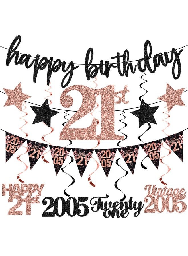 Guiruiy 12PCS 21st Birthday Decorations for Girls Women, Rose Gold Vintage 2004 Happy 21st Birthday Banner Triangle Flag Banner Glitter Hanging Swirls Party Supplies, Cheers to 21 Years Old Bday Decor - Image 1