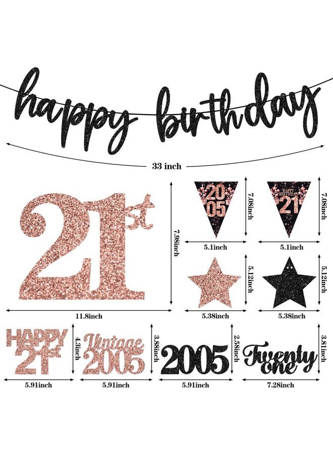 Guiruiy 12PCS 21st Birthday Decorations for Girls Women, Rose Gold Vintage 2004 Happy 21st Birthday Banner Triangle Flag Banner Glitter Hanging Swirls Party Supplies, Cheers to 21 Years Old Bday Decor - Image 2