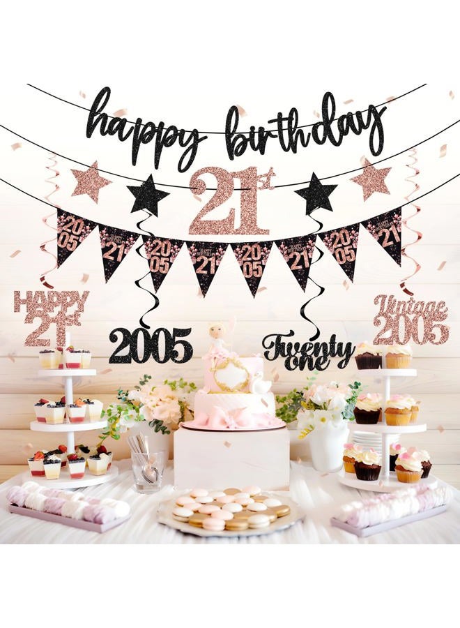 Guiruiy 12PCS 21st Birthday Decorations for Girls Women, Rose Gold Vintage 2004 Happy 21st Birthday Banner Triangle Flag Banner Glitter Hanging Swirls Party Supplies, Cheers to 21 Years Old Bday Decor - Image 5