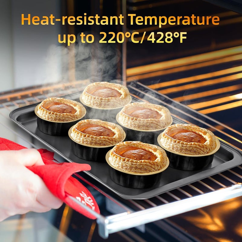 Beasea Creme Brulee Disposable Ramekins with Lids, 120 Pack 8 oz 4 Inch Mini Aluminum Foil Baking Cups Black Gold Small Round Cupcake Tart Pie Tins Pans Individual Containers Oven Safe for Baking - Image 5