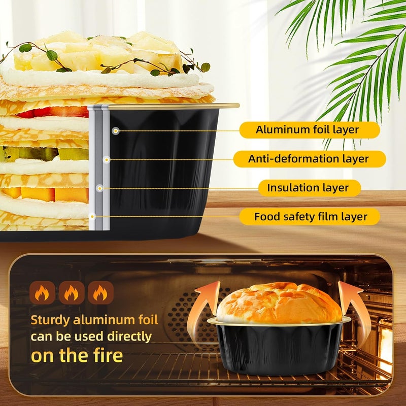 Beasea Creme Brulee Disposable Ramekins with Lids, 120 Pack 8 oz 4 Inch Mini Aluminum Foil Baking Cups Black Gold Small Round Cupcake Tart Pie Tins Pans Individual Containers Oven Safe for Baking - Image 3
