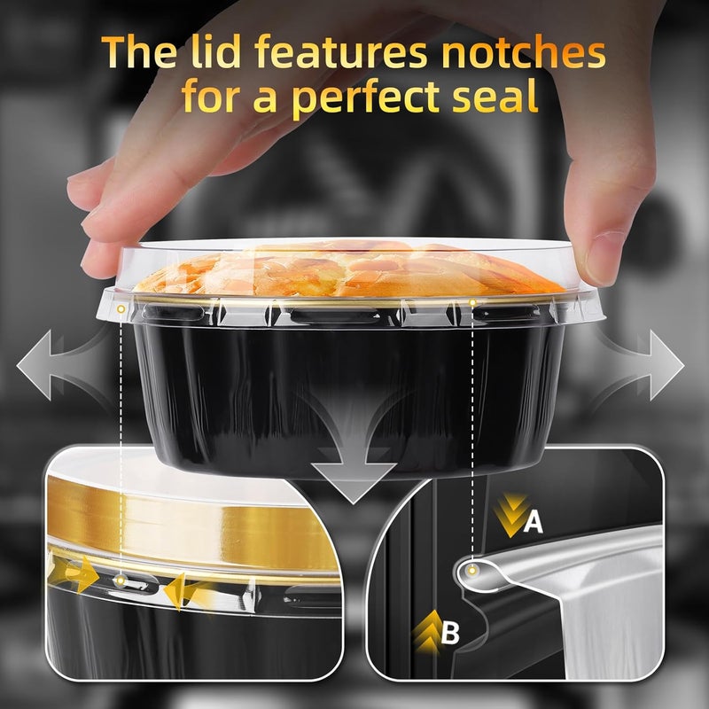 Beasea Creme Brulee Disposable Ramekins with Lids, 120 Pack 8 oz 4 Inch Mini Aluminum Foil Baking Cups Black Gold Small Round Cupcake Tart Pie Tins Pans Individual Containers Oven Safe for Baking - Image 4