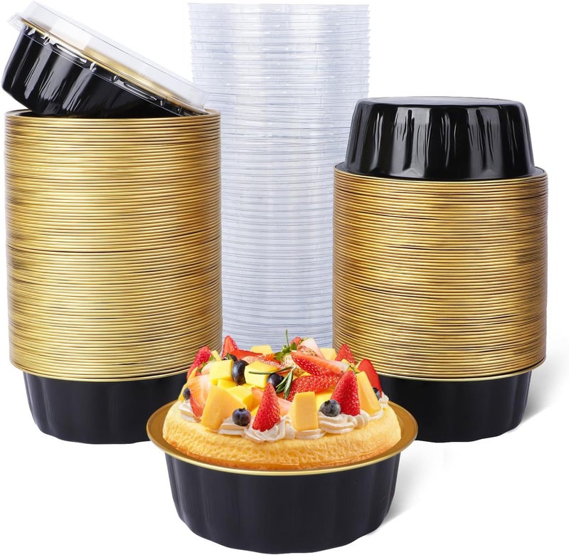 Beasea Creme Brulee Disposable Ramekins with Lids, 120 Pack 8 oz 4 Inch Mini Aluminum Foil Baking Cups Black Gold Small Round Cupcake Tart Pie Tins Pans Individual Containers Oven Safe for Baking - Image 1