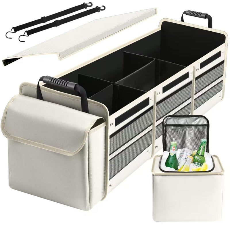 AOPHY Car Trunk Organizer with Insulated Leakproof Cooler Bag, 4 in 1 Waterproof Portable Car Storage Organizer with Collapsible Cover, 3 Large Compartments, Trunk Organizer for SUV, Car, Truck (Beige) - Image 1