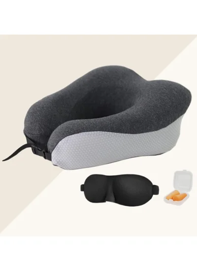 Donetella Travel Pillow 1-Piece Memory Foam Neck Pillow Light Weight Comfortable Suitable For Airplane Travel and Gifting With Ear Plugs Eye Mask Luxury Mesh Bag Grey/Black