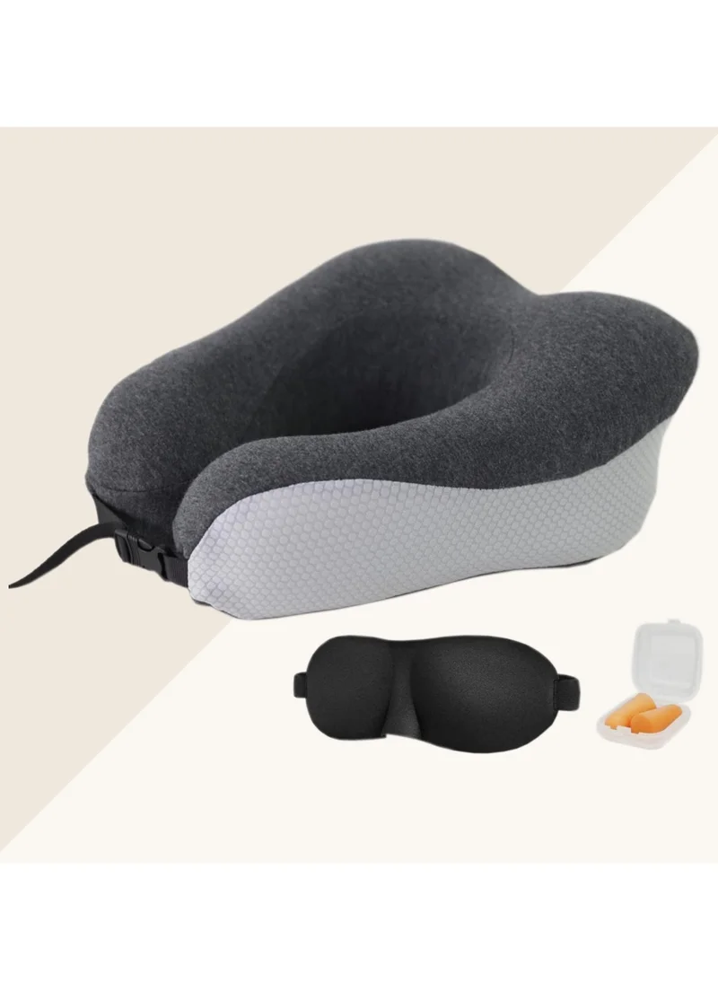 Donetella Travel Pillow 1-Piece Memory Foam Neck Pillow Light Weight Comfortable Suitable For Airplane Travel and Gifting With Ear Plugs Eye Mask Luxury Mesh Bag Grey/Black