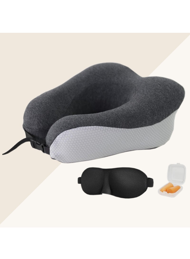 Donetella Travel Pillow 1-Piece Memory Foam Neck Pillow Light Weight Comfortable Suitable For Airplane Travel and Gifting With Ear Plugs Eye Mask Luxury Mesh Bag Grey/Black - Image 1