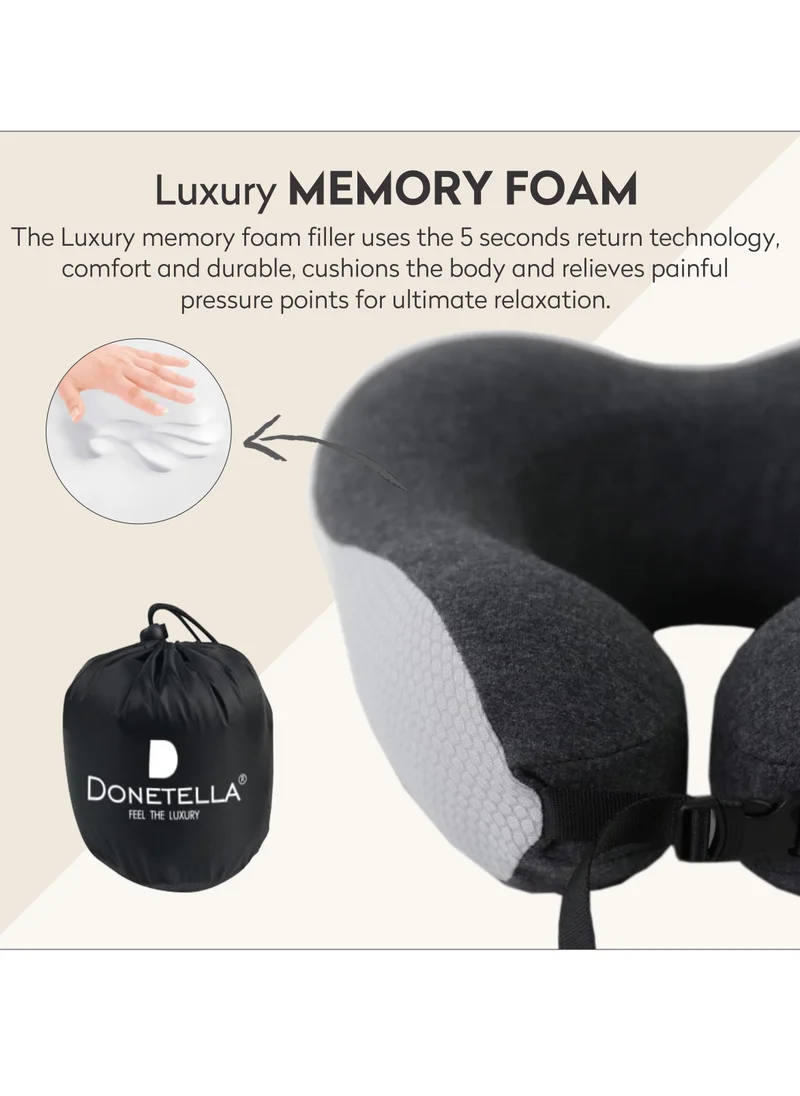 Donetella Travel Pillow 1-Piece Memory Foam Neck Pillow Light Weight Comfortable Suitable For Airplane Travel and Gifting With Ear Plugs Eye Mask Luxury Mesh Bag Grey/Black