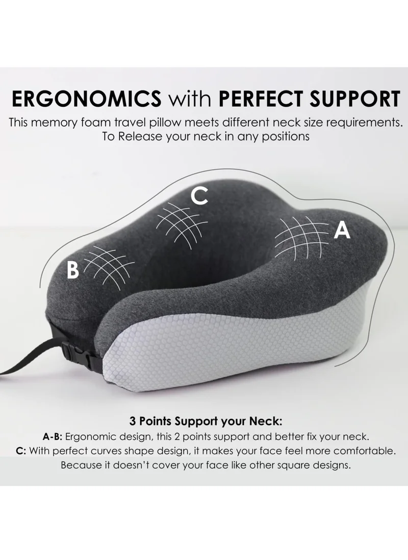 Donetella Travel Pillow 1-Piece Memory Foam Neck Pillow Light Weight Comfortable Suitable For Airplane Travel and Gifting With Ear Plugs Eye Mask Luxury Mesh Bag Grey/Black
