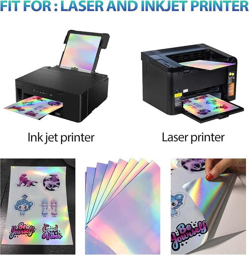 UOKHO 50 Sheets Holographic Sticker Paper, Printable Vinyl Sticker Paper for Ink Jet Printer ＆ Laser Printer - 8.5 x 11 inches, Self- Adhesive Waterproof Dries Quickly - Rainbow - Image 3