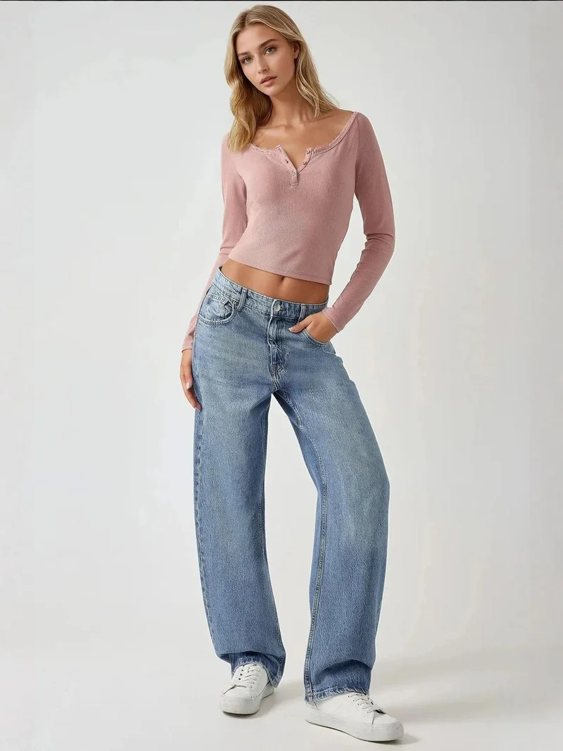 HICCUP Slim Fit Lace Detail Long Sleeve Top