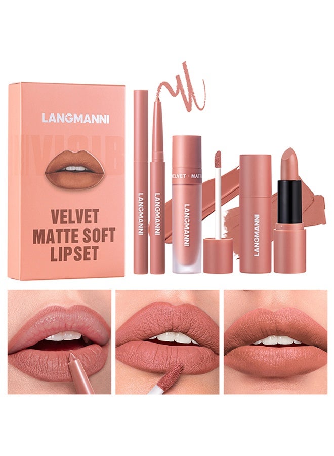 LANGMANNI Velvet Matte Soft Lipset, 3 in 1 Matte Soft Lip Set Lip Liner Liquid Lip Gloss And Lipstick Combo Set Soft Smooth Natural Lip Contour Set Waterproof And Long Lasting Effect All in One Lip Makeup Gift #02 - Image 1