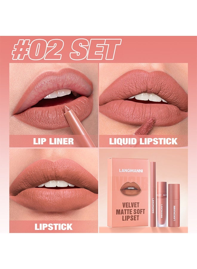 LANGMANNI Velvet Matte Soft Lipset, 3 in 1 Matte Soft Lip Set Lip Liner Liquid Lip Gloss And Lipstick Combo Set Soft Smooth Natural Lip Contour Set Waterproof And Long Lasting Effect All in One Lip Makeup Gift #02 - Image 2