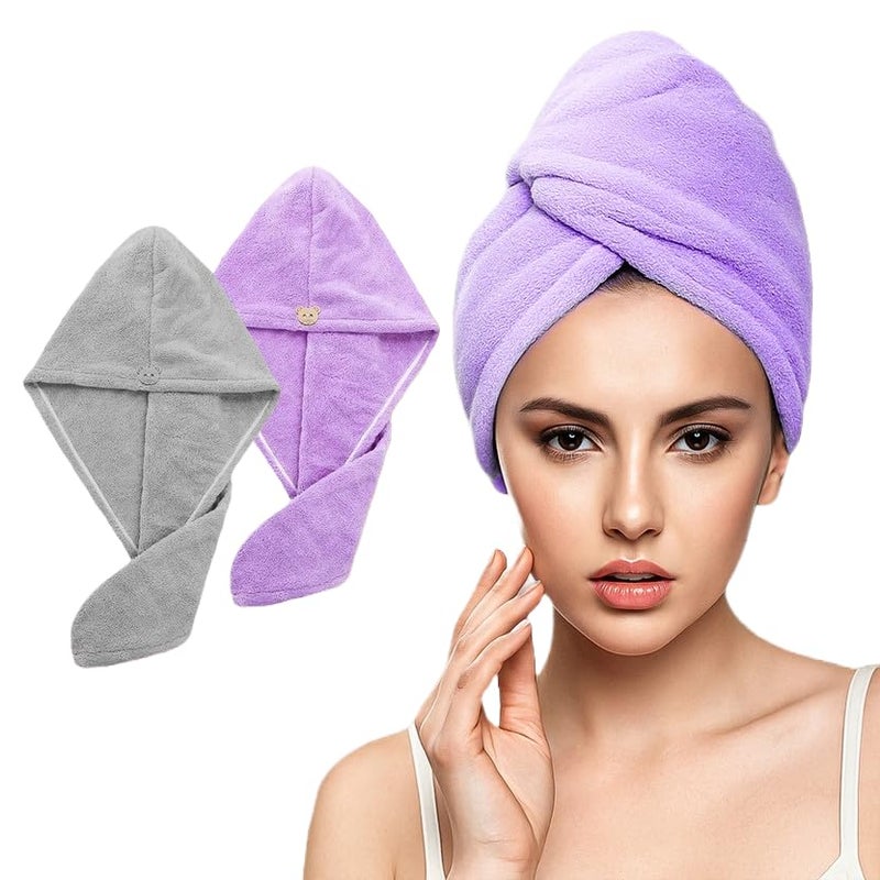 Fezora Hair Towel Wrap for Women (Pack of 2) | Quick-Dry Microfiber Hair Turban with Elastic Loop | Super Absorbent Hair Drying Towel for Ladies & Girls (Grey & Purple) - Image 1