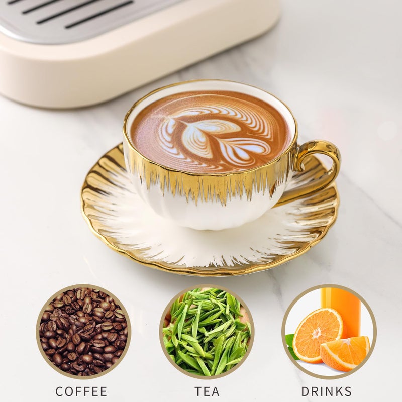 LETAOTAO Cappuccino Cups with Saucers, 7 oz Porcelain Double Espresso Cups Set, Ceramic Turkish Coffee Cups with Gold Trim, Tea Cups Set of 6, Cafe Cups for Latte, Mocha, Au Lait, White - Image 2