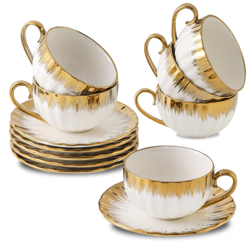 LETAOTAO Cappuccino Cups with Saucers, 7 oz Porcelain Double Espresso Cups Set, Ceramic Turkish Coffee Cups with Gold Trim, Tea Cups Set of 6, Cafe Cups for Latte, Mocha, Au Lait, White - Image 1