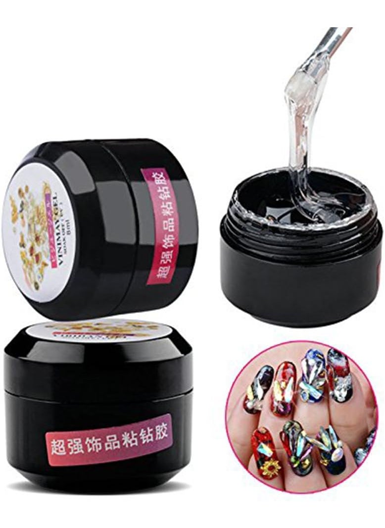 Minejin - Nail Art Rhinestone Glue Super Sticky 8ml Gem Gel Manicure Polish Adhesive Builder Decoration (UV Light Cure Needed) with Tray Shiny Stone and Paiting Pen - Image 1
