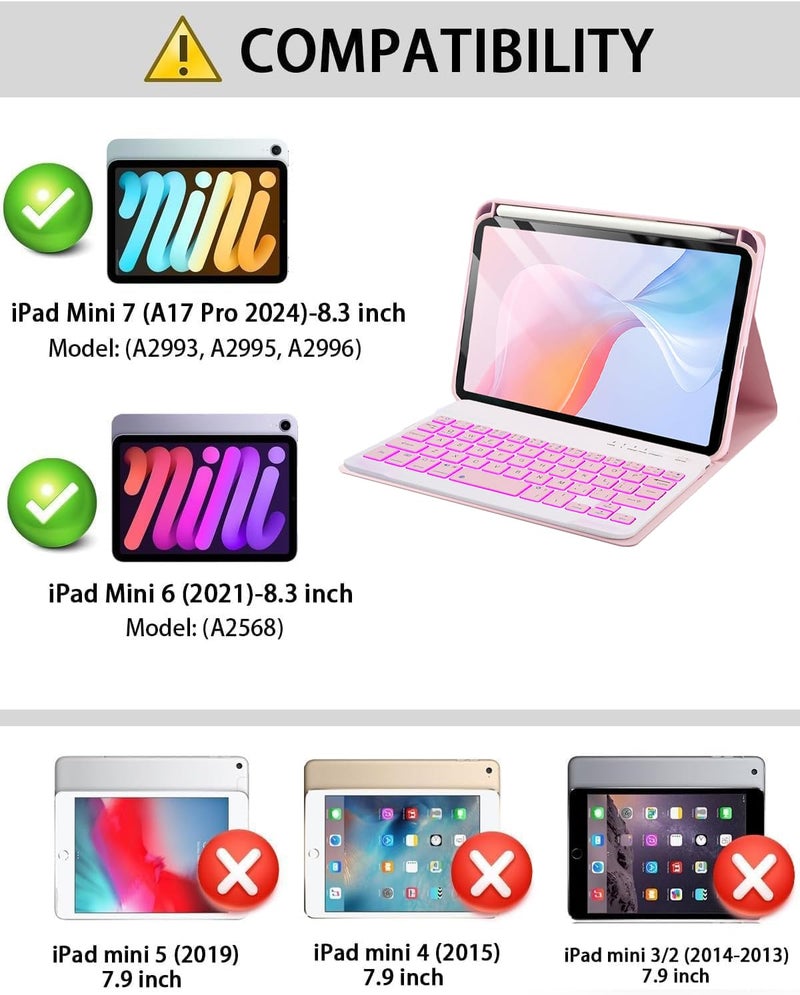 SAMTUNK for iPad mini 7 (2024) & Mini 6 (2021) Case with Keyboard for iPad mini (A17 Pro) 7th 6th Generation 8.3" - 7 Colors Backlit Keyboard Case - Built in Pencil Holder with Mouse - Pink - Image 3