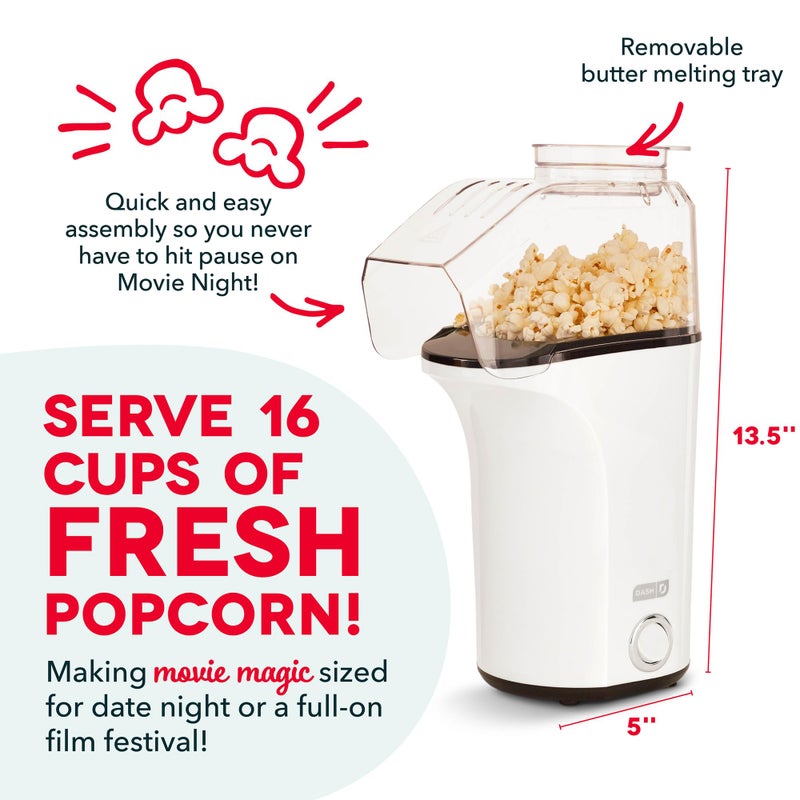 Dash آلة صنع الفشار بالهواء الساخن DASH مع كوب قياس لتقسيم حبات الفشار + زبدة مذابة، 16 كوبًا - أبيض - Image 3