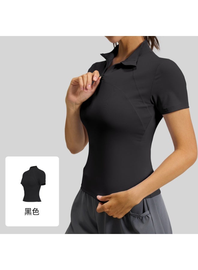 Front Zip Women Yoga Shirts Short Sleeves Sports Crop Tops Slim Fit Gym Vest Quick Dry Mesh Back Workout Bike Tops - Image 1