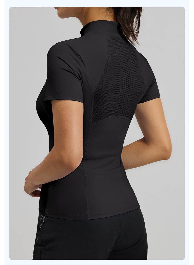 Front Zip Women Yoga Shirts Short Sleeves Sports Crop Tops Slim Fit Gym Vest Quick Dry Mesh Back Workout Bike Tops - Image 2