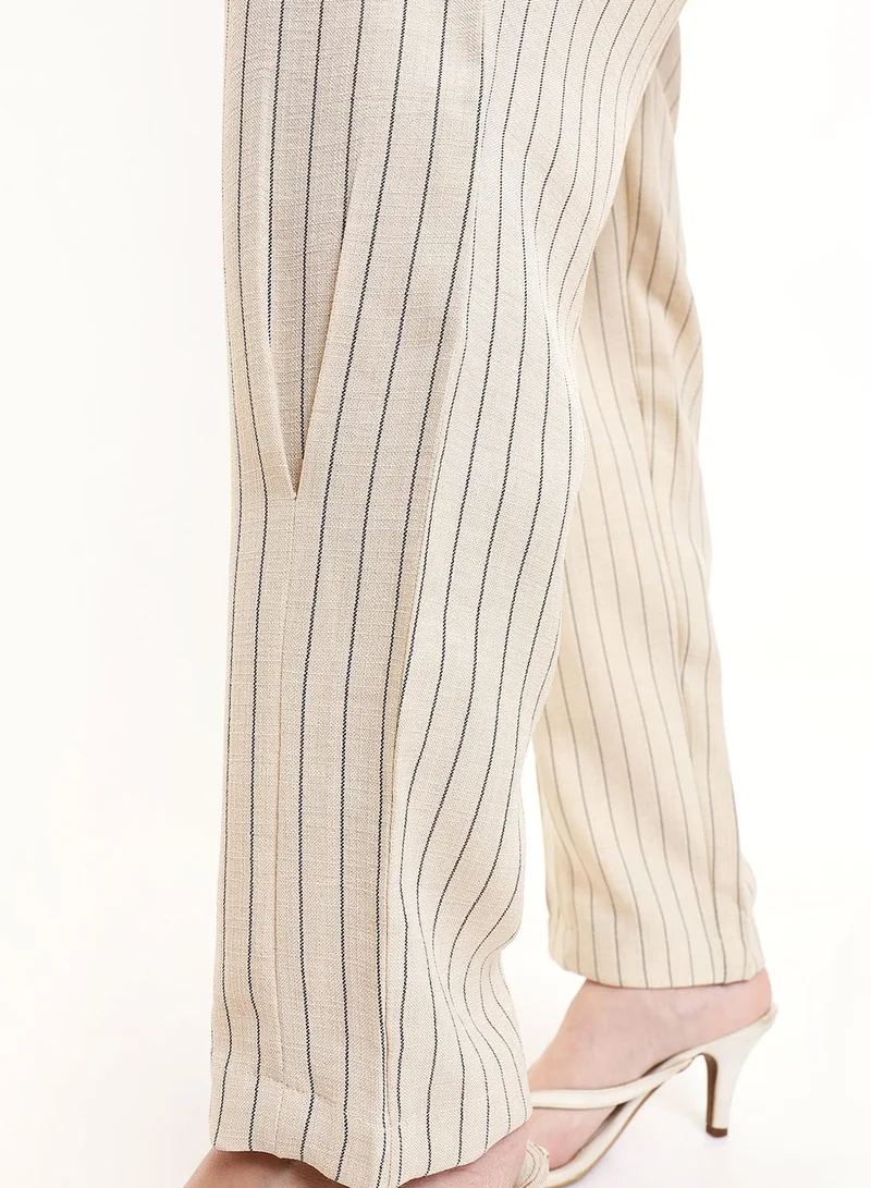 Dennis Lingo  Beige Poly Striped Ankle Length Chinos Straight Fit Trouser For Women for Women | Best Price UAE