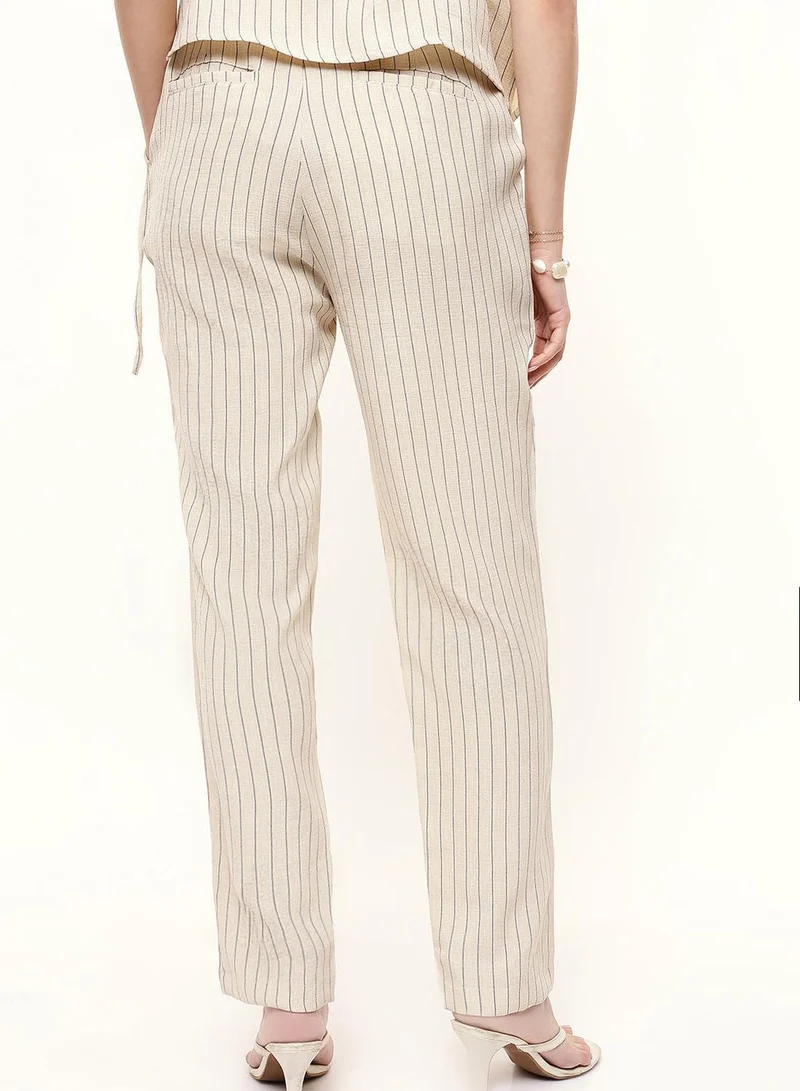 Dennis Lingo  Beige Poly Striped Ankle Length Chinos Straight Fit Trouser For Women for Women | Best Price UAE