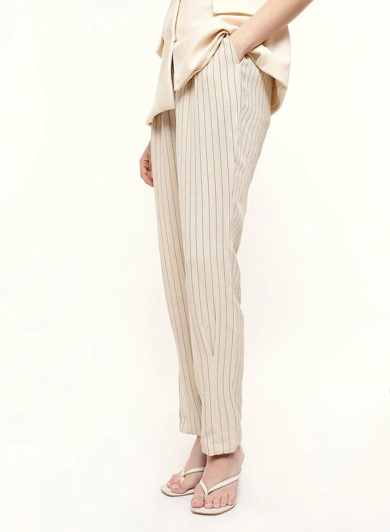 Beige Poly Striped Ankle Length Chinos Straight Fit Trouser For Women
